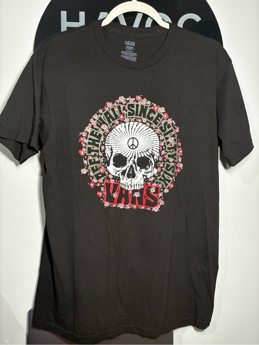 Vans Black Skull Graphic Tee with Red Floral Accents